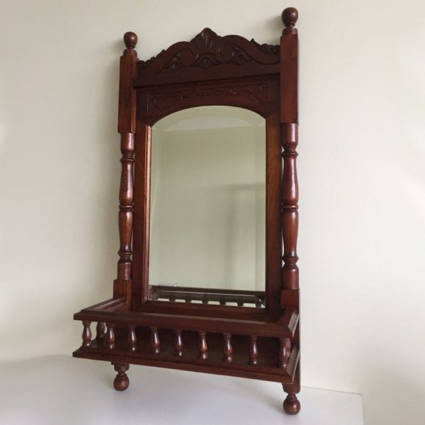 Solid Mahogany Wood Hand Carved Bevelled Shelf Wall Mirror