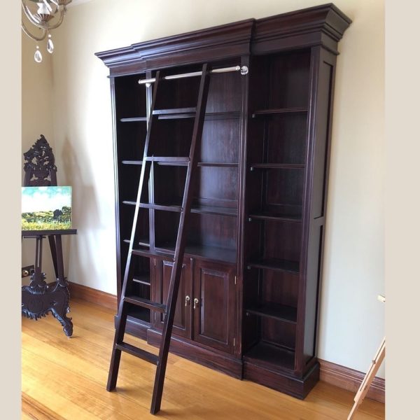 Solid Mahogany Wood Large Bookshelf with Ladder