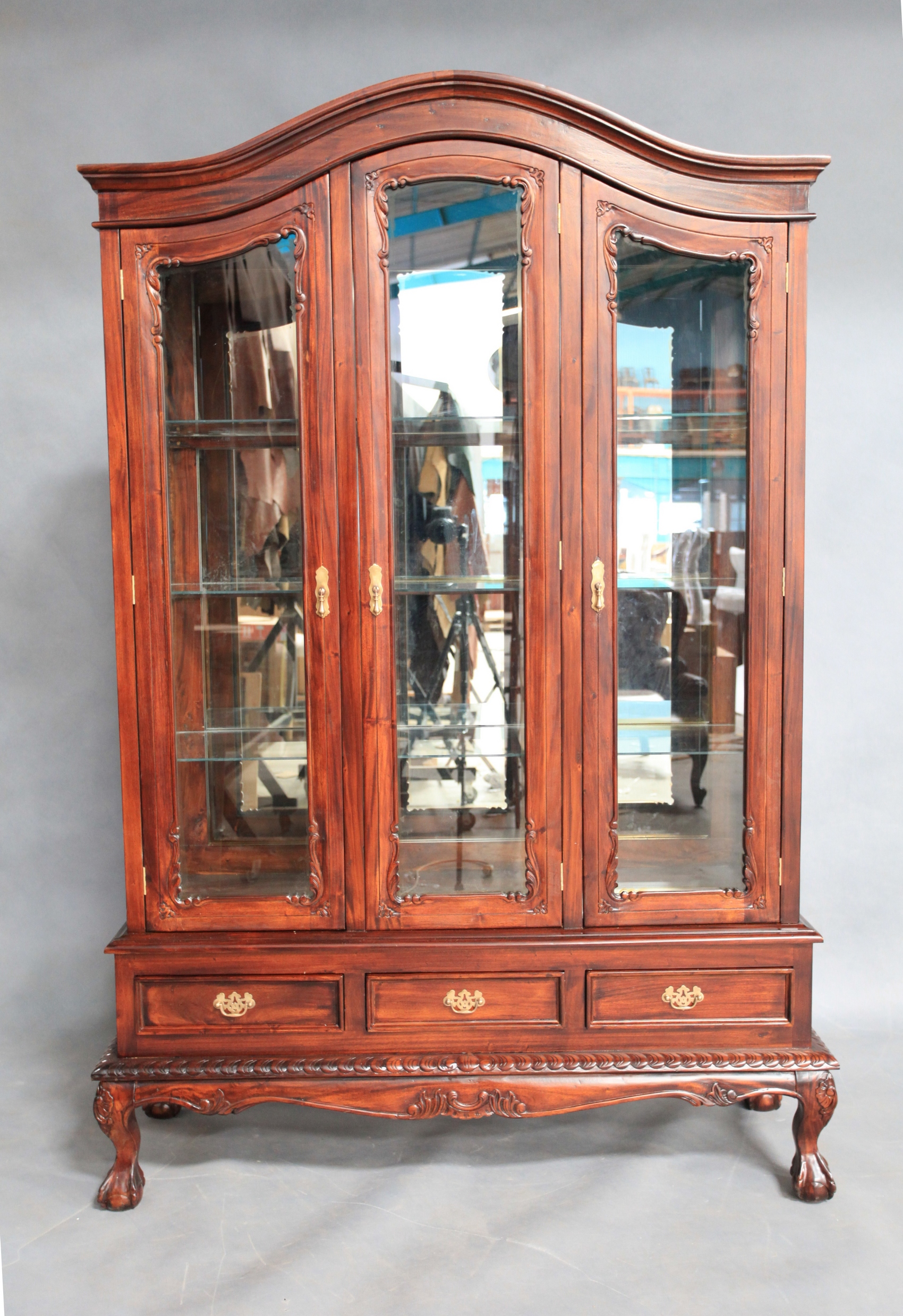 Solid Mahogany 3 Doors Large Chippendale Display Cabinet
