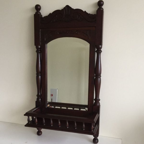 Solid Mahogany Wood Hand Carved Bevelled Shelf Wall Mirror
