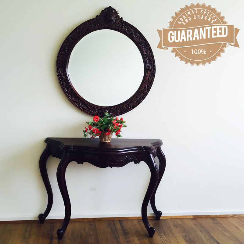 Solid Mahogany Wood Serpentine Style, Ornate Hall Table And Mirror Set